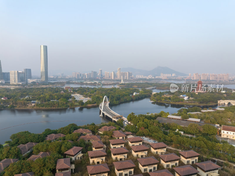 福建厦门集美水月广场杏林阁日落夜景航拍