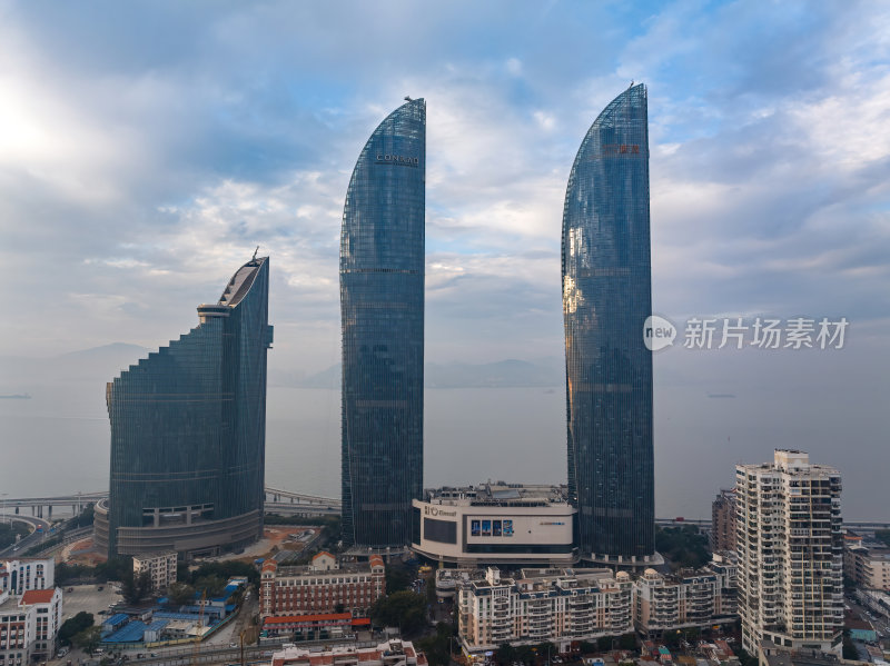 福建厦门海峡世贸双子塔大厦夜景日出航拍