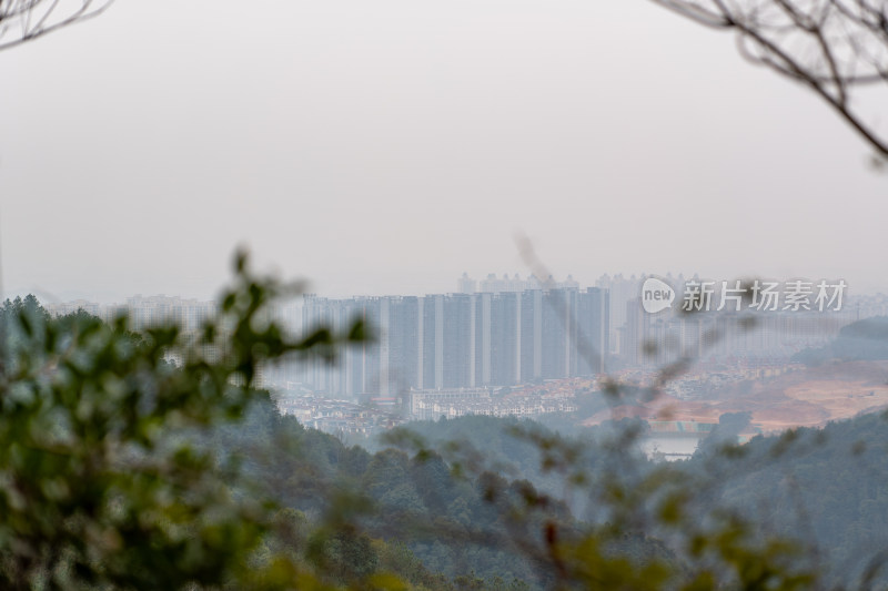 山林间远眺城市中的高楼建筑群