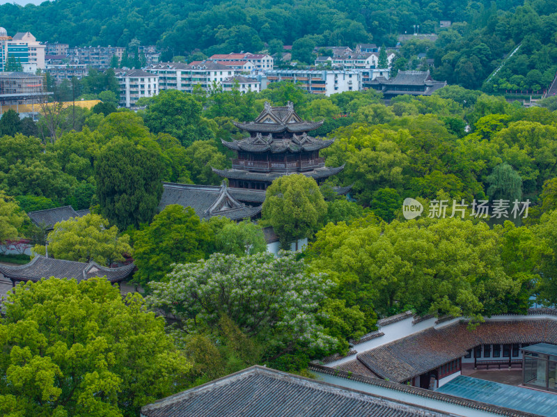 航拍浙江省台州市临海市东湖景区紫阳古街