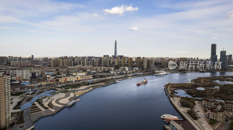 天津滨海海河响螺湾城市风光航拍