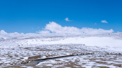 新疆巴音郭楞蓝天白云下的雪山草原风光