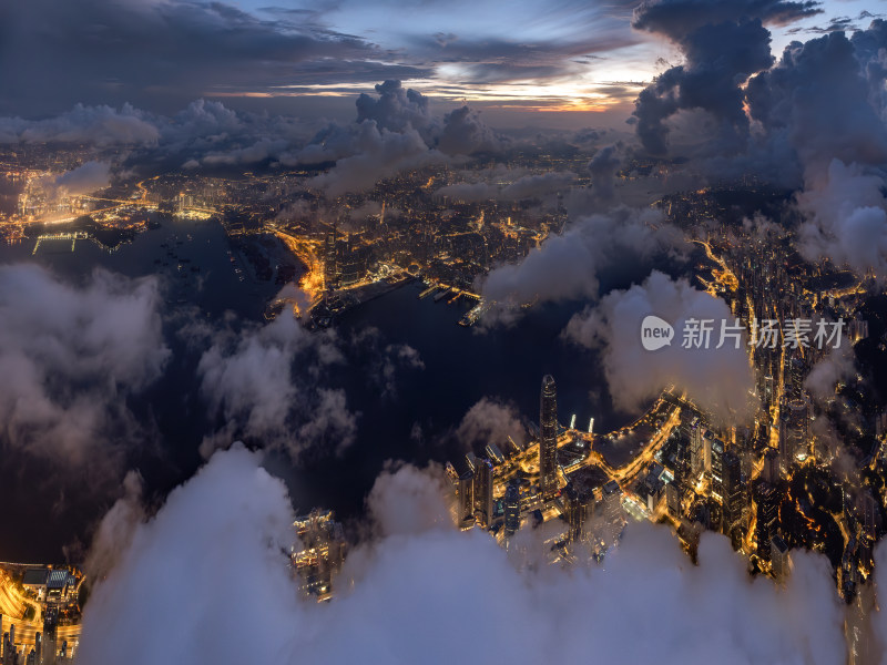 香港维多利亚港CBD中环夜景日出高空航拍