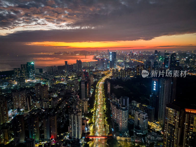 深圳城市风光，夕阳夜景，车水马龙