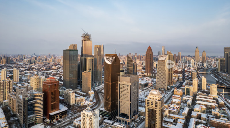 天津海河直沽桥小白楼商圈城市建筑雪景风光