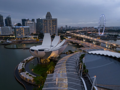 新加坡滨海湾金沙海滨奥林匹克蓝调夜景航拍