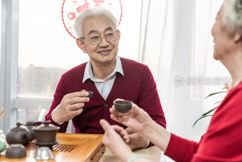 快乐的老年夫妇喝茶