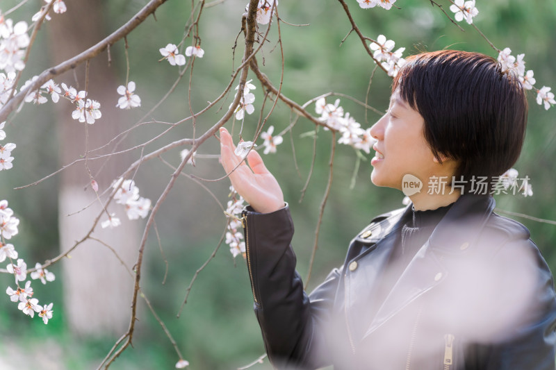 春天在盛开花朵的桃树下赏花的东方女性