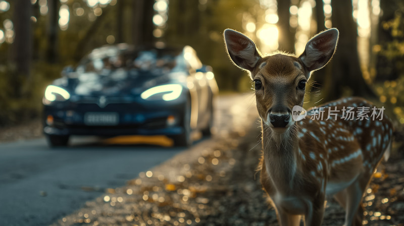温驯梅花鹿与现代电动汽车在森林小路上邂逅