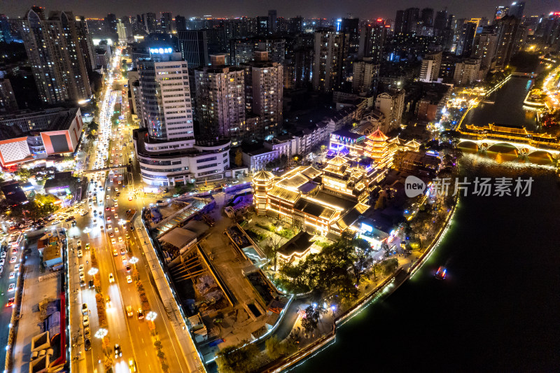 航拍四川成都城市夜景交通灯光