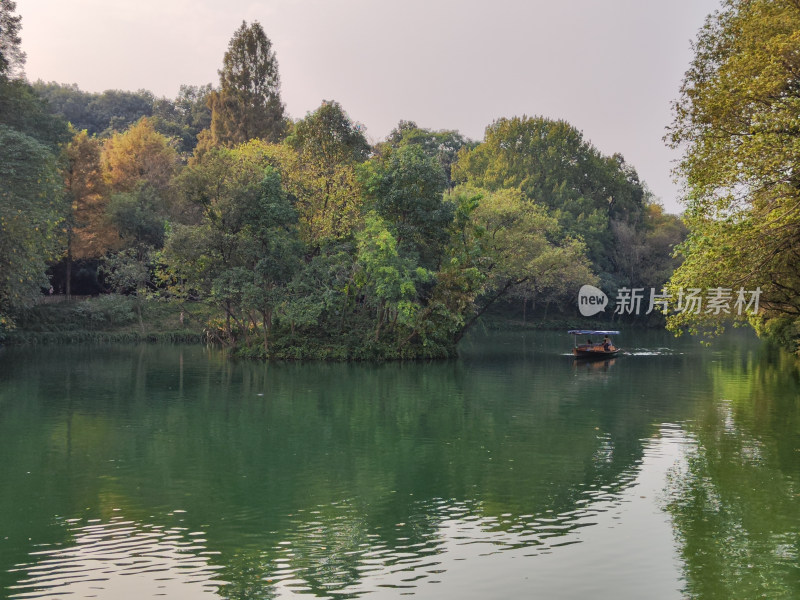 浴鹄湾湖上小船与岸边树林风景