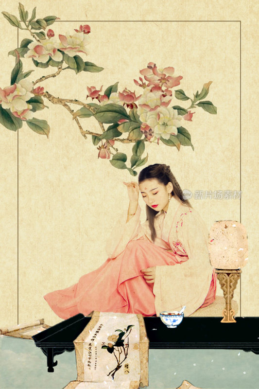 古风女子身着汉服倚坐赏花