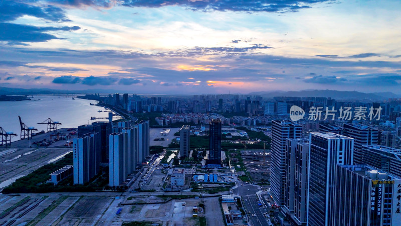 广东汕头城市晚霞城市大景航拍