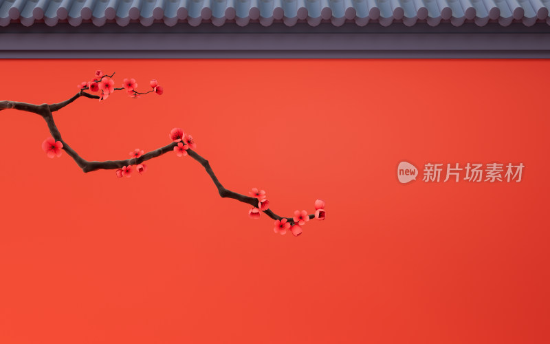 梅花与中国风红墙3D渲染