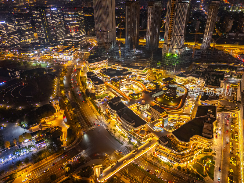 航拍上海前滩金融区夜景