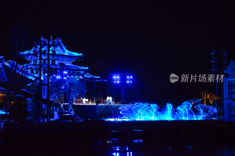 济南明水古城古建筑夜景无人机灯光秀泉秀