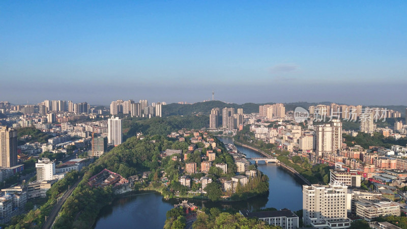 航拍四川自贡城市建设釜溪河风光