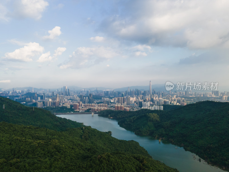 广东深圳塘朗山上远看福田中心夕阳风光