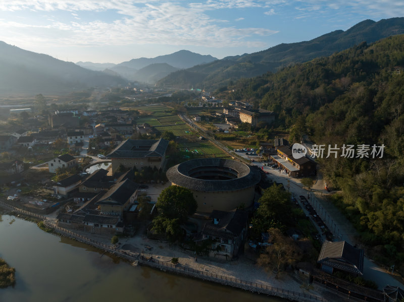 福建漳州永定云水谣客家土楼群建筑高空航拍