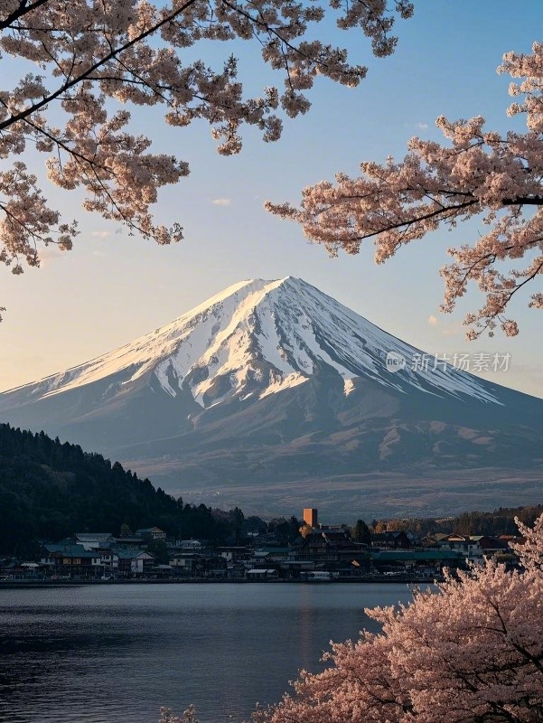 富士山与樱花湖畔风光