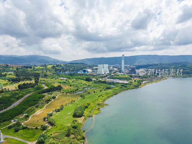 航拍阳宗海湖畔电厂全景