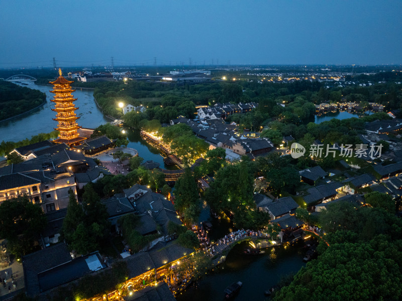 浙江嘉兴桐乡乌镇西栅景区江南水乡航拍夜景