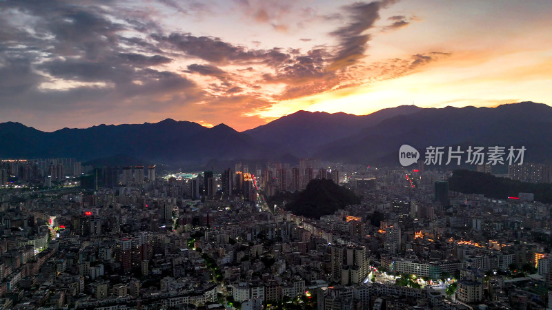 广东云浮城市夜幕降临航拍