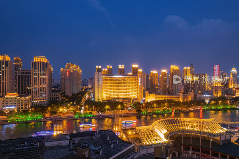 天津海河古文化街码头城市夜景风光航拍