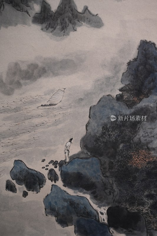 中式山水国画人物远眺
