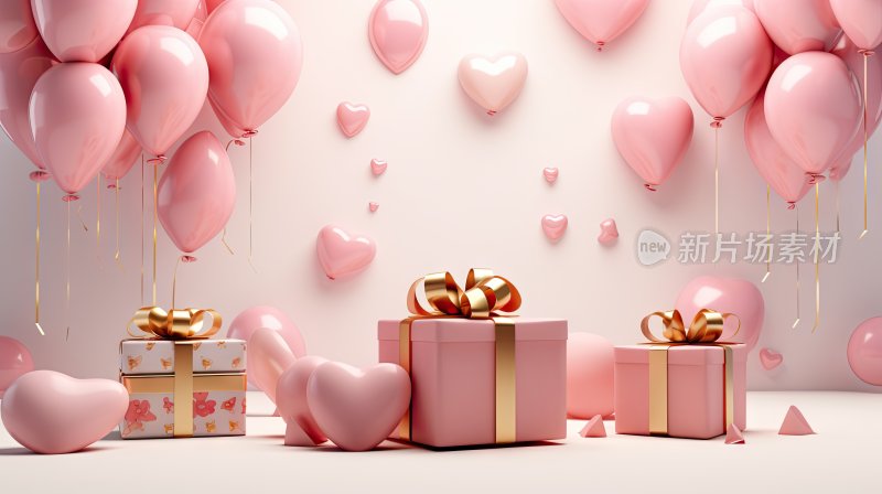 粉色生日派对气球礼盒3D场景