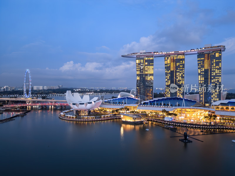 新加坡滨海湾金沙海滨奥林匹克蓝调夜景航拍