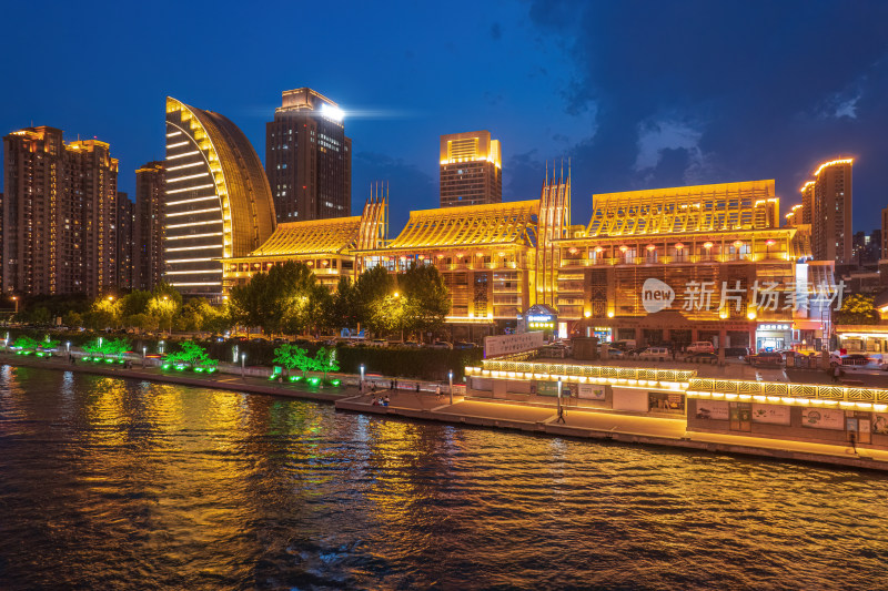 天津海河古文化街码头城市夜景风光航拍