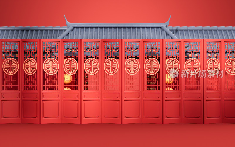 中国风古典屏风3D渲染