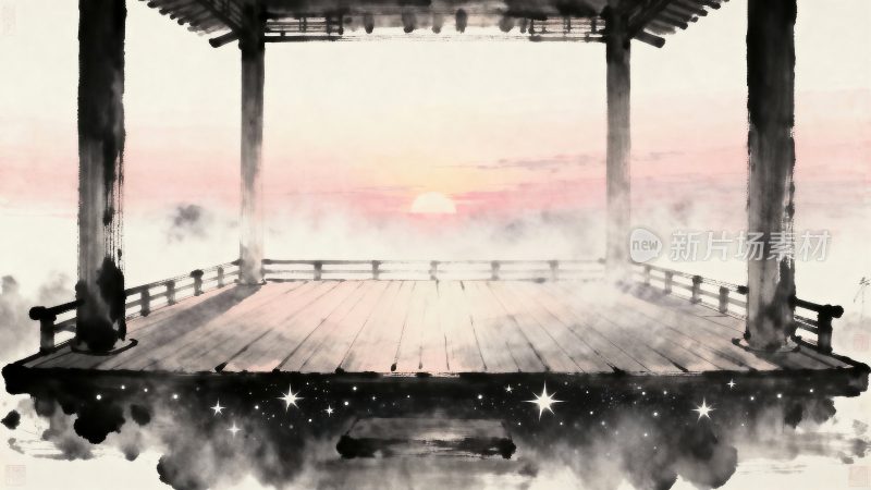 古风水墨风格中式亭台场景