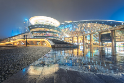 杭州大剧院-雨夜城市建筑风光