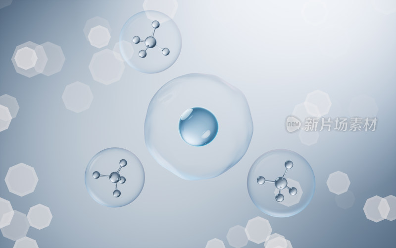 透明细胞与蓝色背景3D渲染
