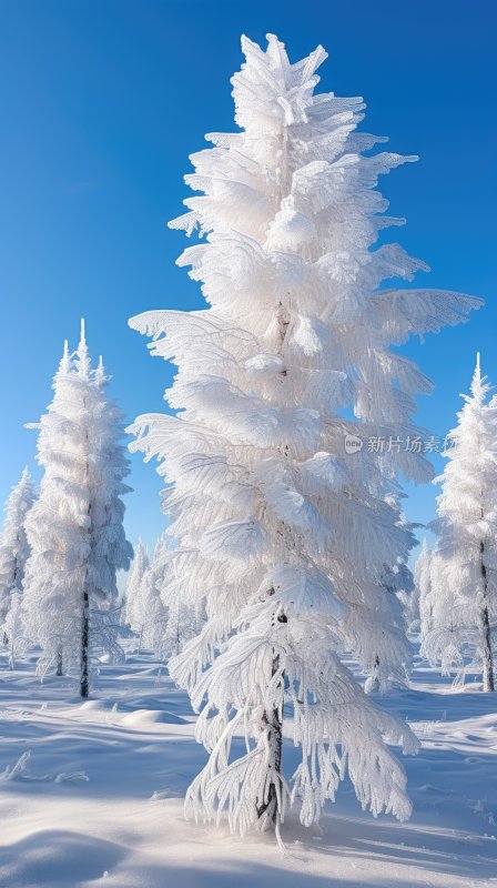 冬季雪山林中被冰雪覆盖着的树