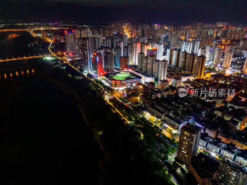 广西来宾城市夜景灯光航拍图