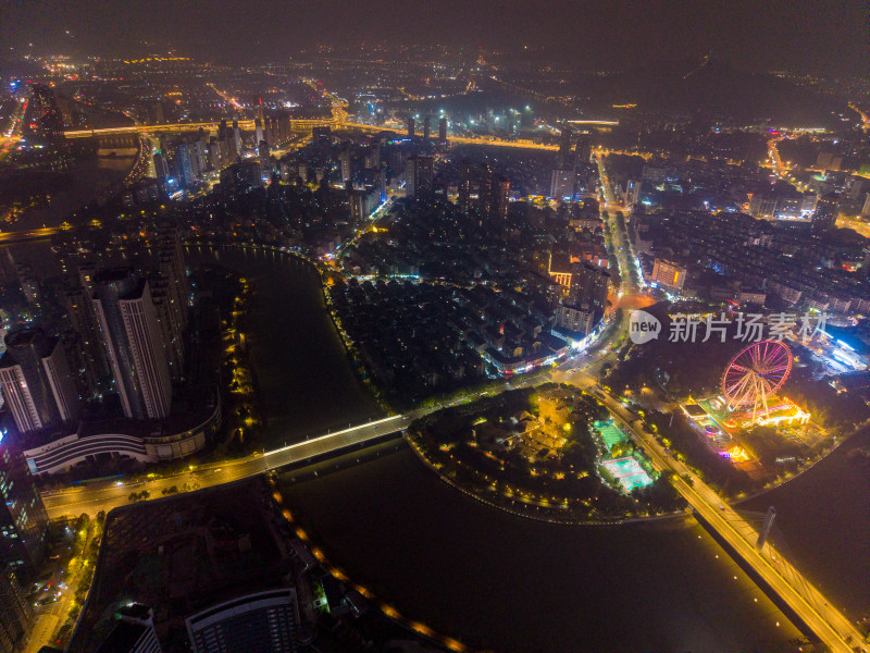 湖州城市大景夜景航拍