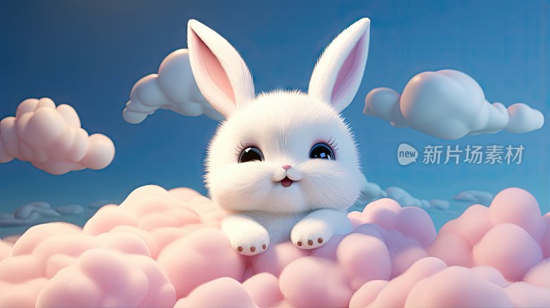 3D卡通可爱的兔子趴在云上插画