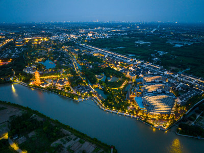 航拍江南水乡古镇乌镇夜景