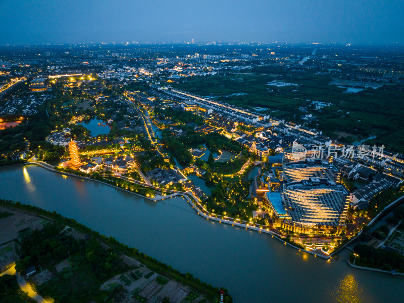 航拍江南水乡古镇乌镇夜景