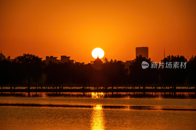 杭州西湖日出金光水岸湖畔剪影