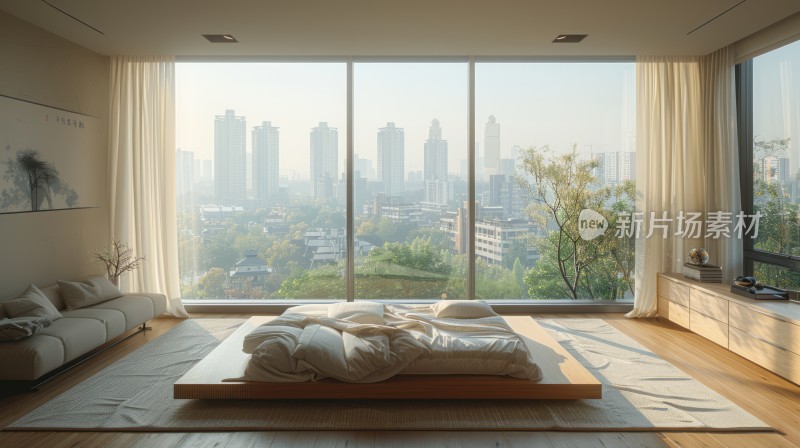 窗外是城市景色的现代室内空间