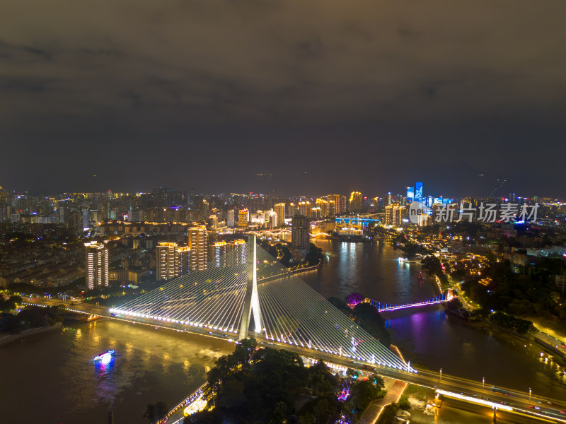 航拍福州城市夜景下与繁华立交桥及周边建筑