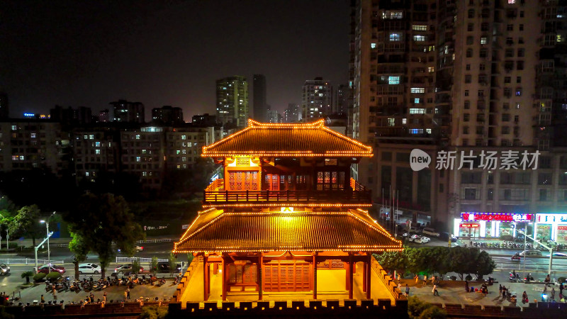 航拍湖北鄂州武昌门夜景灯光