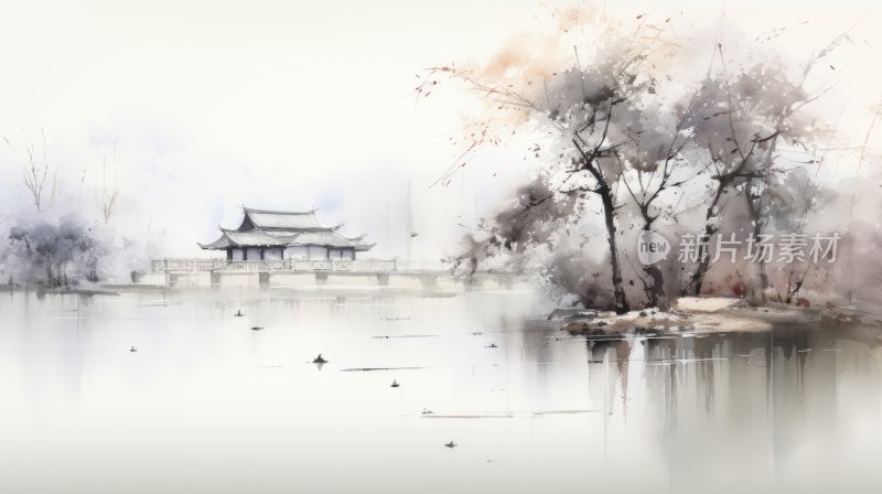 中国风水墨画，湖水和桥