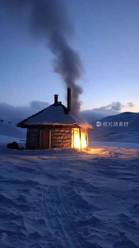 冬天晚上森林里冒着炊烟小屋