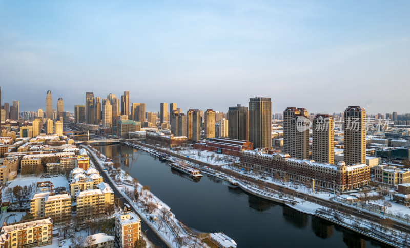 天津海河直沽桥小白楼商圈城市建筑雪景风光