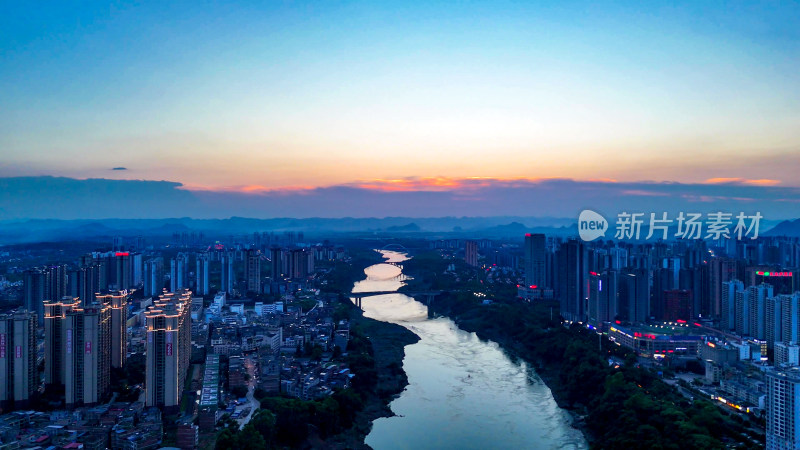 广西来宾城市晚霞夕阳航拍图